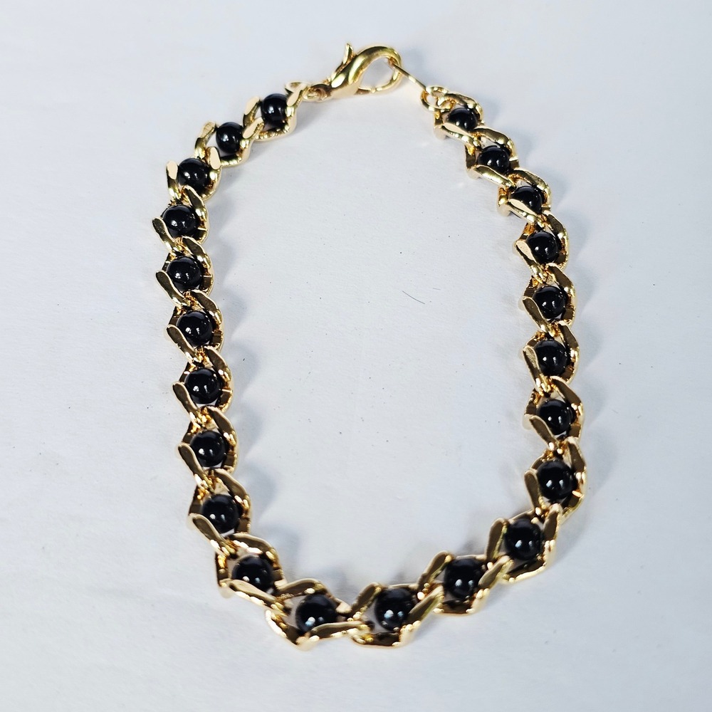 90's Avon Captured Treasures Bracelet Large Onyx Gold Tone Link Classic Retro